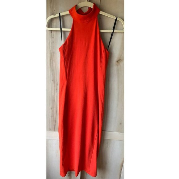 Bebe Bright Red Halter Cocktail Midi Dress Criss Cross Back S Bodycon Sexy - Picture 1 of 8
